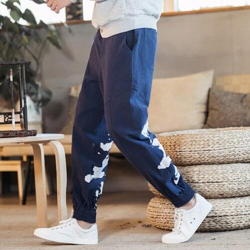 Chinese Style Mens Clothing Linen Retro Large Size Printing Casual Pants Male Youth Loose Bloomers