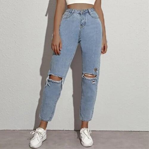 Sexy High Waist Ripped Holes Straight Denim Pants Female Pencil Trousers Boyfriend Jeans Women Hollow Out Skinny Pants Jeans