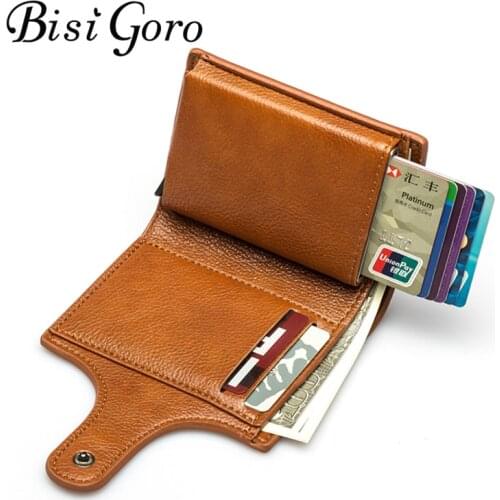 BISI GORO Anti-theft Card Holder 2021 Wallet Metal Holder Smart Slim RFID Ladies Pop Up Card Case Unisex Vintage Solid Money Bag