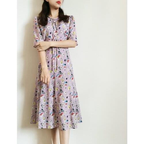 Summer New Silk Vintage Floral Print Light Purple Dress UK 8-UK 14 UK Fashion