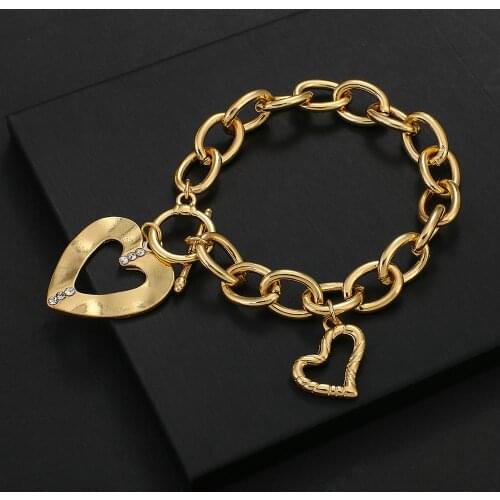 Flashbuy 2020 Trendy Gold Color Big Love Heart Chain Bracelets for Women Unusual Metal Pendant Bracelet Fashion Jewelry