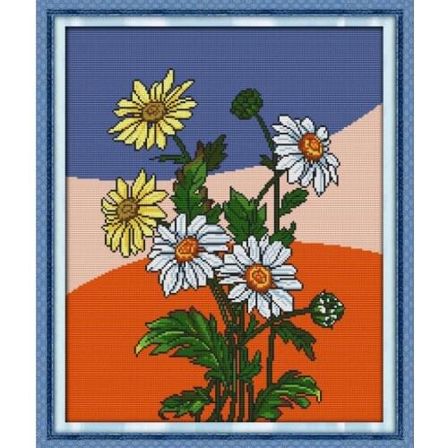 Joy Sunday Daisy DIY Floral Pattern Cross Stitch Set Aida 14CT 11CT Canvas Printed Needle and Thread Embroidery Kits Home Decor