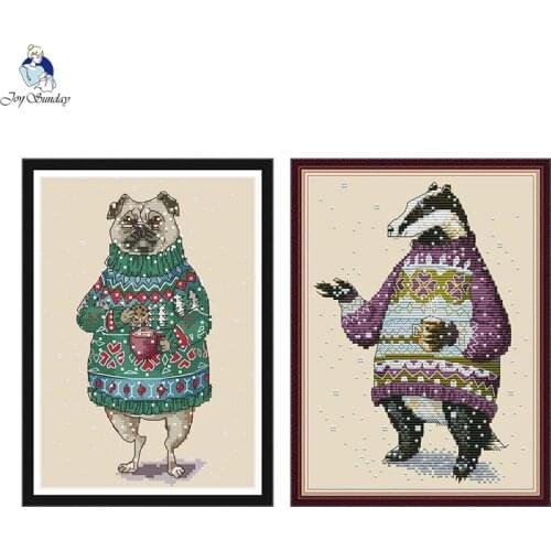 Dog Drinking Coffee and Badger in Sweater Cross Stitch Kit Aida 14ct 11ct Count Print Canvas DMC Thread Embroidery DIY Handmade