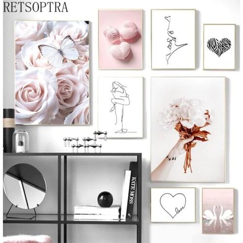 Nordic Style Pink Heart Flowers Swan Butterfly Abstract Line Canvas Painting Print Posters for Room Art Decor Wall Pictures