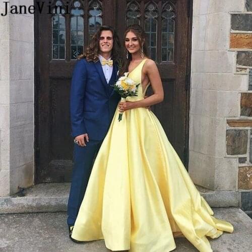JaneVini Charming Yellow Evening Dresses Long for Women Plus Size 2020 A-Line Satin V-Back Prom Party Special Occasion Dress
