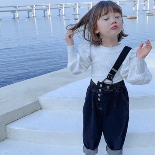 2021 Autumn New British Style Simple Solid Color O-NeckTop Personality Strap Jeans Childrens Casual Two Piece Set Girls' Suit