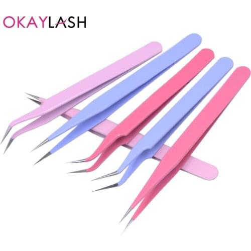 OKAYLASH Colorful Professional Eyelash Extension Tweezers Pink Silver Gold Metal Steel Pincet Clips for Grafting Lashes Tools