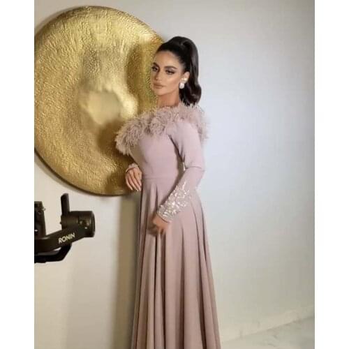 New Arrival Off the Shoulder Feather Long Sleeve Pleated A Line Floor Length Rose Pink Prom Dresses