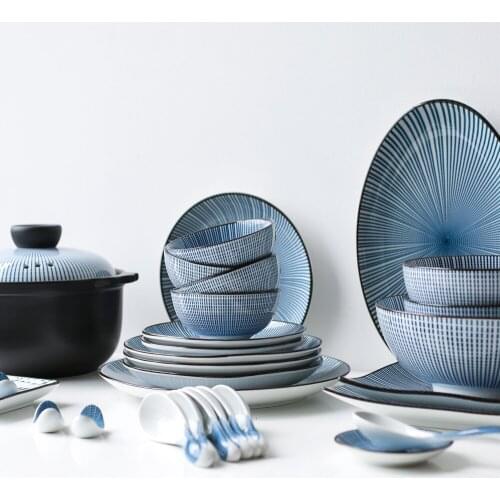 Underglaze Color Retro Japanese Household Ceramic Bowl Plate Dish Tableware And Casserole Set