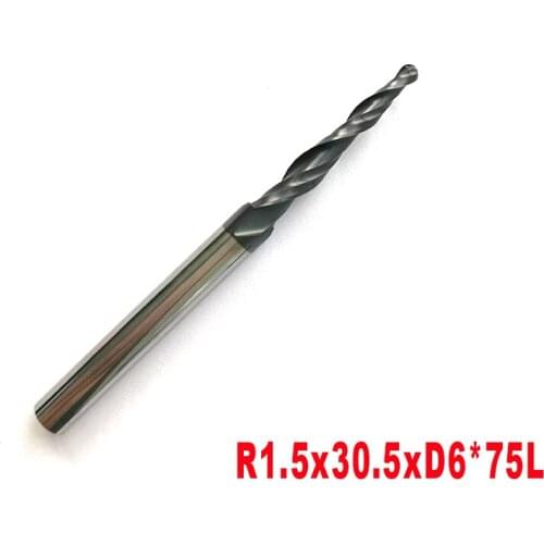 1pc-R1.5*D6*30.5*75L*2F HRC55 Tungsten solid carbide carving Tapered Ball Nose End Mills cone milling cutter