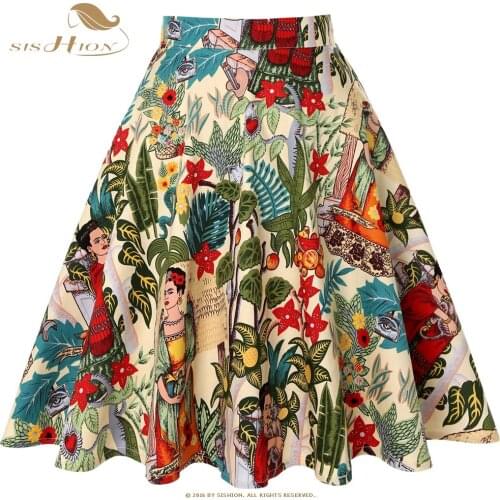 SISHION Halloween Floral Animal Print Summer Ladies Skirts VD0020 High Waist Inspired 50s 60s Swing Cotton Vintage Women Skirt