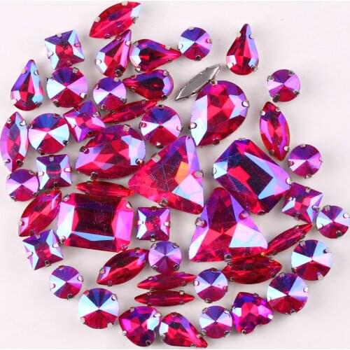 Silver claw setting 50pcs/bag 11 shapes mix Red AB glass crystal sewing rhinestone wedding dress shoes bags diy trim