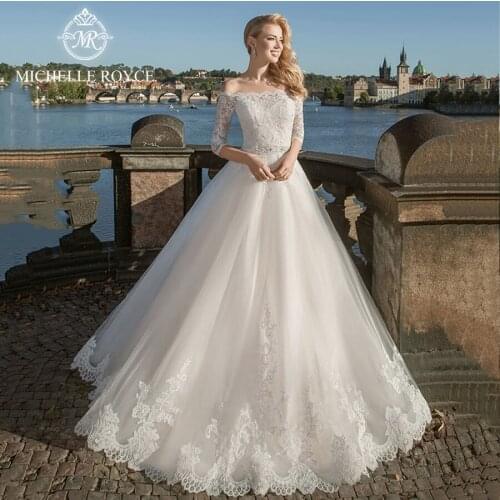 Michelle Royce A-Ling Wedding Dresses 2020 Boat Neck Three Quarter Sleevs Bow Lace Up Court Train Wedding Gowns Vestido De Novia