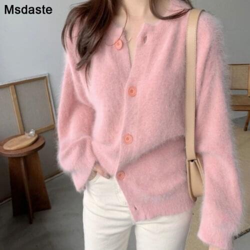Sweaters Women Winter Soft Mohair Knitted Cardigas Long Sleeve O-Neck Pink White Plus Size Lady Tops Casual Button Woman Sweater