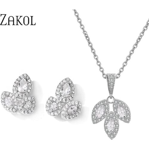 ZAKOL Shinny AAA+ Cubic Zirconia Leaf Stud Earrings Necklace Jewelry Set for Women Elegant Bridal Wedding Party Dress