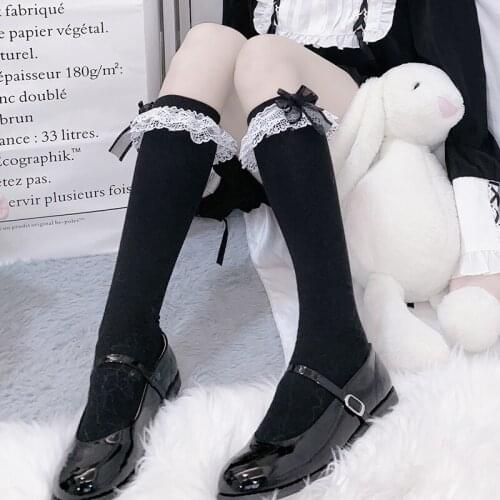 Women Soft sister Bowknot Solid Color Sweet Mid Tube Socks Cosplay Japanese Lolita Calf Socks Lace Princess Ribbon Lolita Socks
