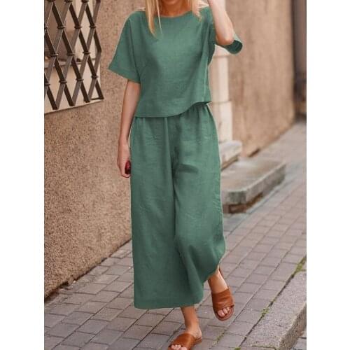 2021 Casual Summer Autumn Women Cotton Short Sleeve and Long Sleeve Outfit O-Neck Solid Tops + Wide Leg Pants Suits Two Piece
