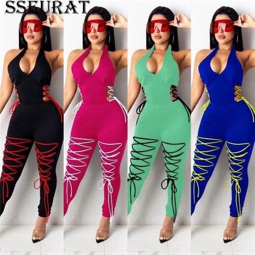 SSEURAT Women Jumpsuit Solid Color Slim-Fitting V-neck Hollow-out Strapping Jumpsuit Sexy One Piece Overalls Summer Outfits