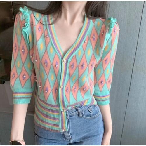 Women Autumn knit Top Vintage Argyle Short Knitted Sweater Chic Lady Fashion Single Breasted Flying sleeve Cardigans Femme Coats