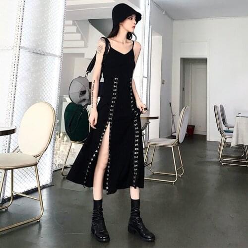 Punk Gothic Women Summer Dress 2020 Black Sexy V-neck Party Clubwear Vestidos Metal Buckles High Waist Split Long Dresses