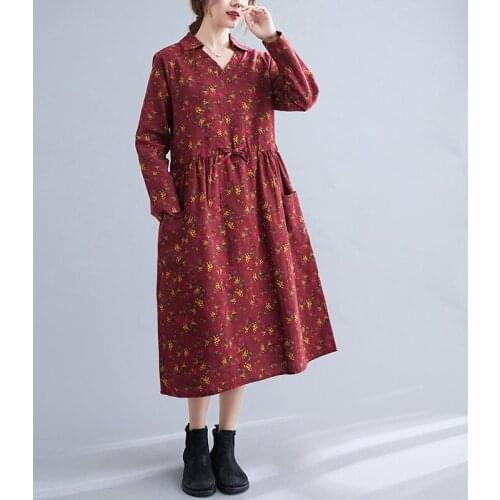 2021 New Arrival V-neck Long Sleeve Loose Autumn Dress Print Floral Draw String Slim Office Lady Work Dress Women Spring Dress