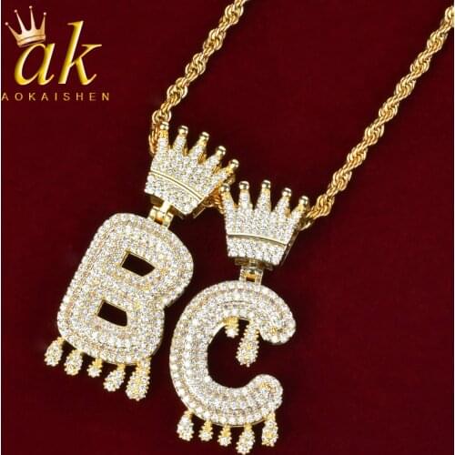 Crown Drip Initials Bubble Letters Chain Pendant Necklaces With Rope Chain For Women Gold Color Cubic Zircon Hip Hop Jewelry