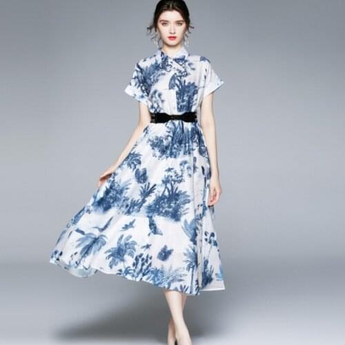 2021 New Summer Ink Painting Print Lapel Short Sleeve High Waist Casual Shirt Dress Vintage Lady Elegant Party Midi Dress Robe