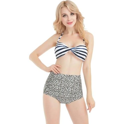 ZITY Ladies Street Fashion Blue and White Striped Leopard Print Mid-Waist Bikini Swimsuit Set Sexy Beach Two-Piece Set 3XL