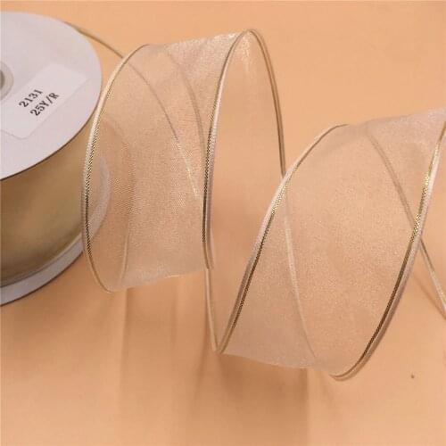 N2131 38MM 25yards roll Lurex Metallic Gold Edge Wired Ivory Organza Ribbon box gift wrapping wired edge ribbon