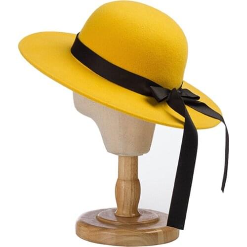 Korean New Bowknot Ribbon Woolen Dome Wide Brim Childrens Top Hat Fashion Concave Shape Kids Wool Fedora Hat