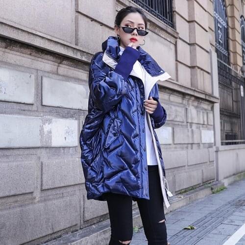 Glossy Down Parkas Coat Long Winter Jacket Women Korean Down Cotton Jacket Ladies Casual Loose Outwear Plus Size Cotton Overcoat