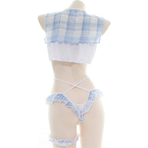 Fresh Plaid Sailor Suit Maid Outfit Semi-permeable Chiffon Bowknot Pajamas Sexy Girl Underwear Girls V-neck Homewear Nightdress