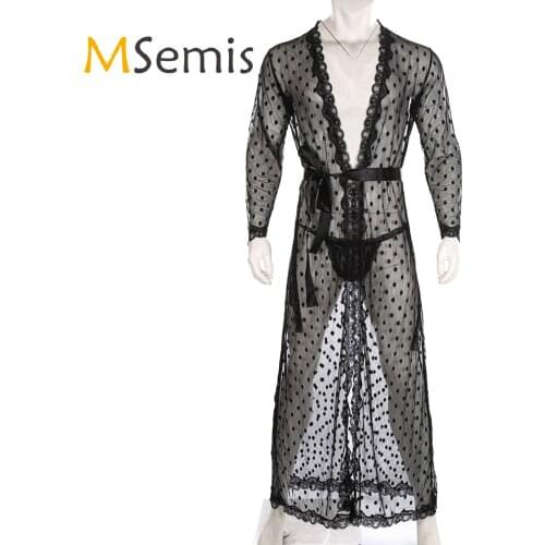 Mens Dot Pattern See-through Sheer Mesh Lace Trim Kimono Bathrobe Belted Night-Gown with Lace-up G-string
