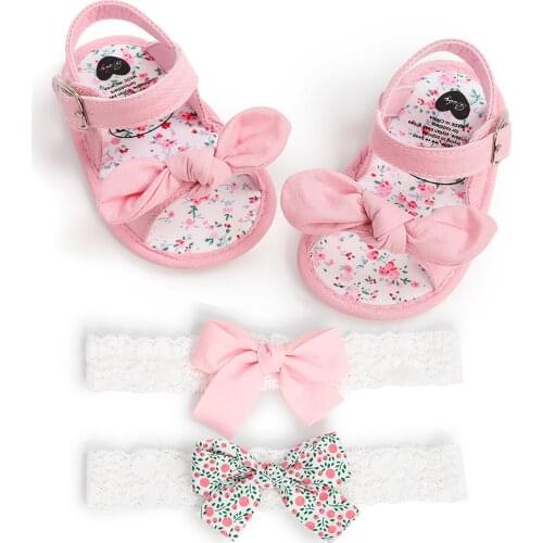 2PCS Summer New Baby Girls Sandals Toddler Girls Flower Sandals Shoes Soft Casual Non-Slip First Walkers+Headband Sets
