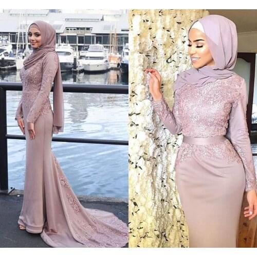Formal Muslim Evening Dresses Mermaid Long Sleeves Appliques Scarf Islamic Dubai Saudi Arabic Long Elegant Evening Gown