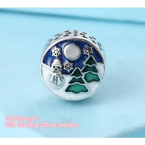 Winter Authentic 925 Sterling Silver Snowy Wonderland Charm, Blue & Green Enamel Beads Fit Pandora Charms Bracelet Making