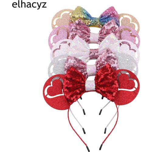 10pcs/lot NEW 5'' Glitter Sequin Bow 3.3'' Shiny Hollow Heart Mouse Ears Hairband Headband Gilrs Women Headwear Hair Accessories