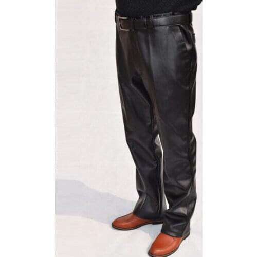 Straight leather pants mens feet pants spring autumn personality motorcycle faux leather pu trousers for men thin pantalon homme