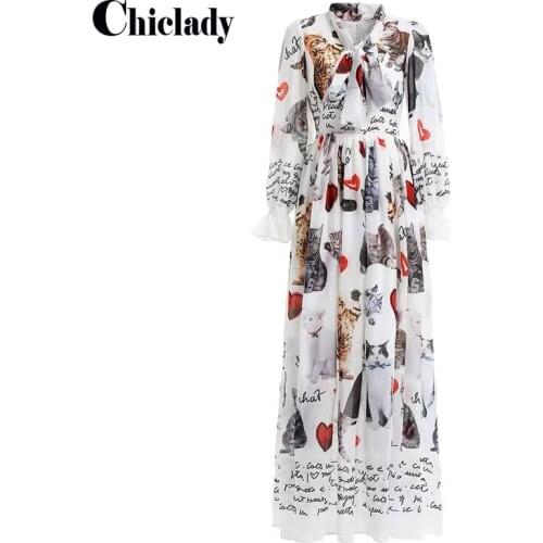 CHICLADY luxury maxi dress heart love cat letter chiffon dresses for women party high waist bow collar lantern sleeve French y2k