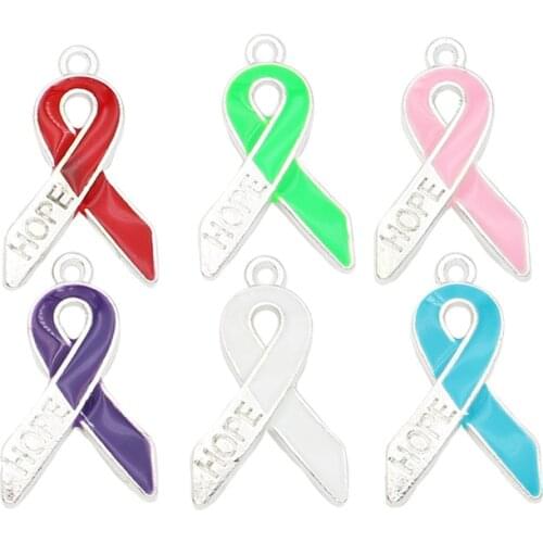 Mixed Silver Plated Enamel Cancer Ribbon Hope Charms Pendants for Jewelry Making Bracelet Accessories Handmade Crafts 26x14mm
