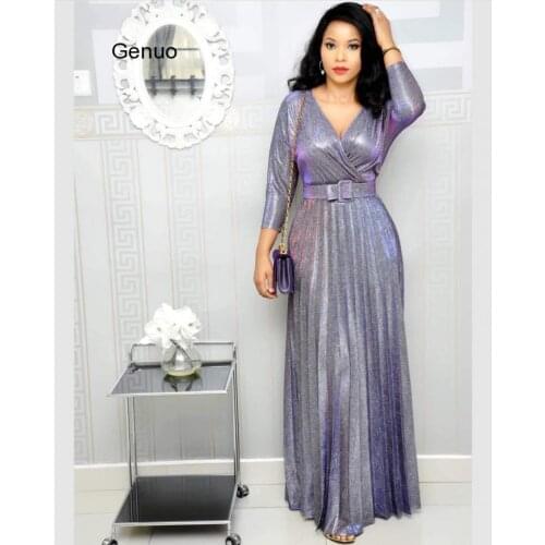 2020 Reflective Long Dresses Women Party Night Sexy V Neck Elegant Belt Glitter Maxi Pink Pleated Dress Vestidos Robe Femme