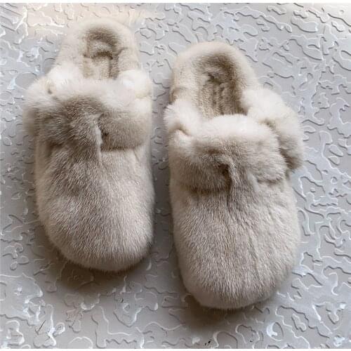 Luxury Ladies New Autumn And Winter Shoes Real Mink Fur Casual Shoes Flat Home Furry Muller Shoes Soft And Comfortable