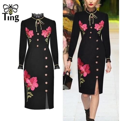 Tingfly Vintage Runway Design Flower Embroidery Sheath Knee Length Party Night Dresses Ruched Button Decor Side Split Dress D