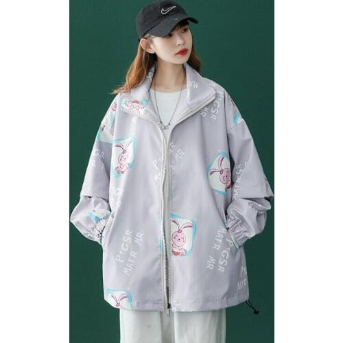 Womens Coat Spring and Autumn Bomber Jacket Women Casual Loose Baseball Jacket Cartoon Patchwork Korean Womens Clothing 2021