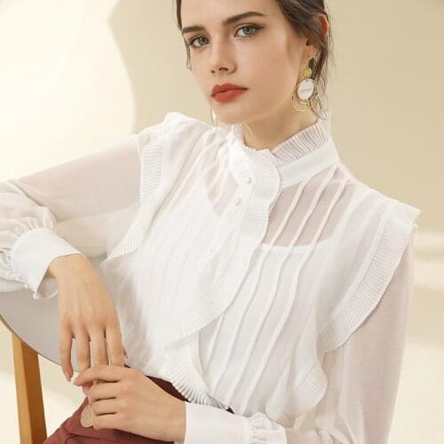 2021 Spring New See-through Stand Collar Long Sleeve Elegant Top Sexy Socialite Chiffon Shirt for Women
