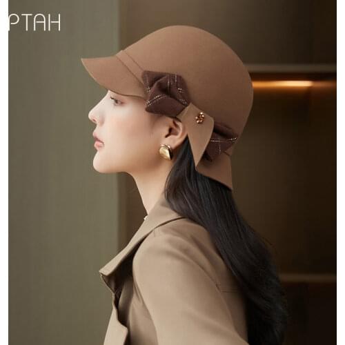[PTAH] Fedora Hat For Women Wedding Hat Temperament Elegant Church Autumn Winter New Womens Bow Hat 100% Wool Bow High Quality
