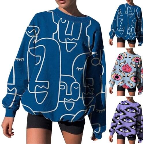 Harajuku Women Loose Print Neck Long Sleeve Blouse Pullover Tops Shirt 2021 Autumn Oversized All-Match толстовка женская