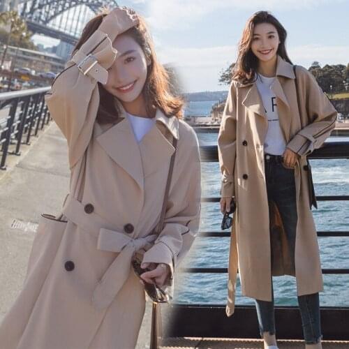 Womens Fall Korean Style Minimalist Loose Casual Windbreaker Slim Long Double-breasted Lace-up Solid Color Lapel Trench Coat