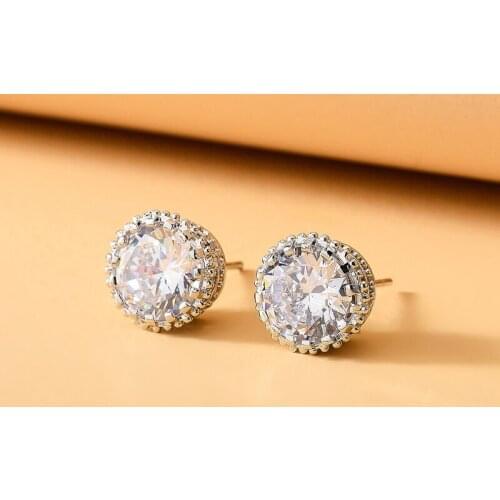 Docona Luxury Big Crystal Zircon Stone Stud Earrings for Women Trendy Silver Color Round Metal Earrings Female Jewelry Gift