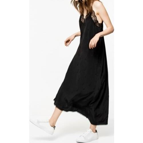 Women V Neckline Black Silk Asymmetric Violin Suspender Long Dress With Lave Patchwork & Jacquard Detail